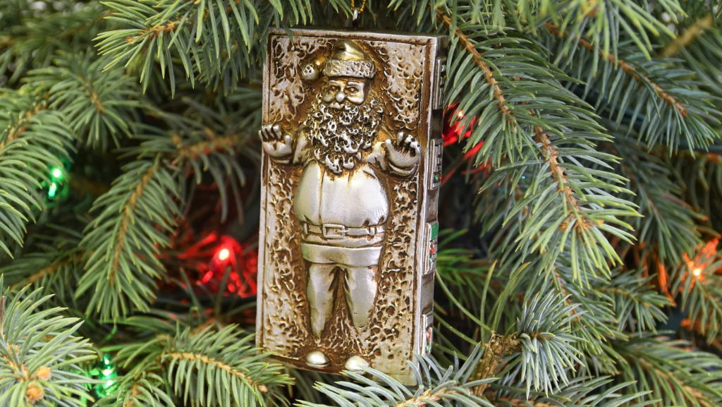 Christmas tree ornament of Santa frozen in carbonite, Han Solo-style