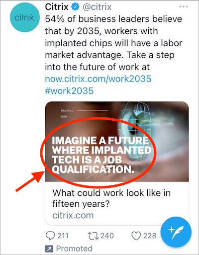Citrix post on Twitter with a tag line ’Imagine a future where implanted tech is a job qualification.’