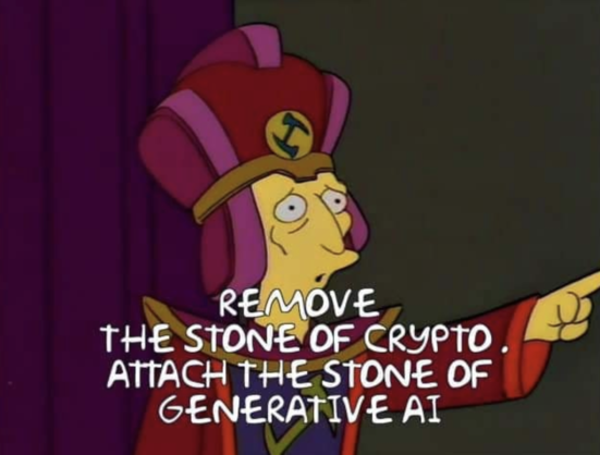 Simpsons image: 'Remove the stone of crypto. Attach the stone of generative AI'